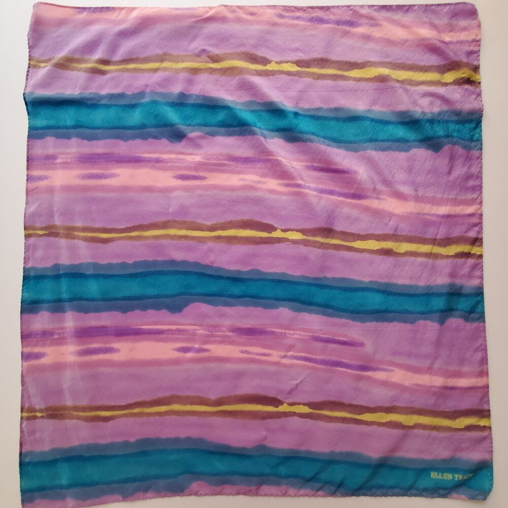 Ellen Tracy 100% Silk Scarf Purple Pink Teal Striped Square Vintage Wrap 19x20"